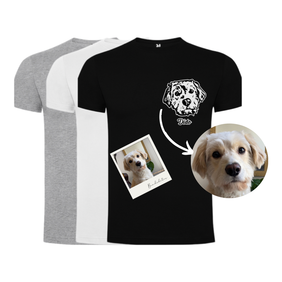 Polera con la cara de tu perro o gato + Foto impresa de REGALO (Unisex)