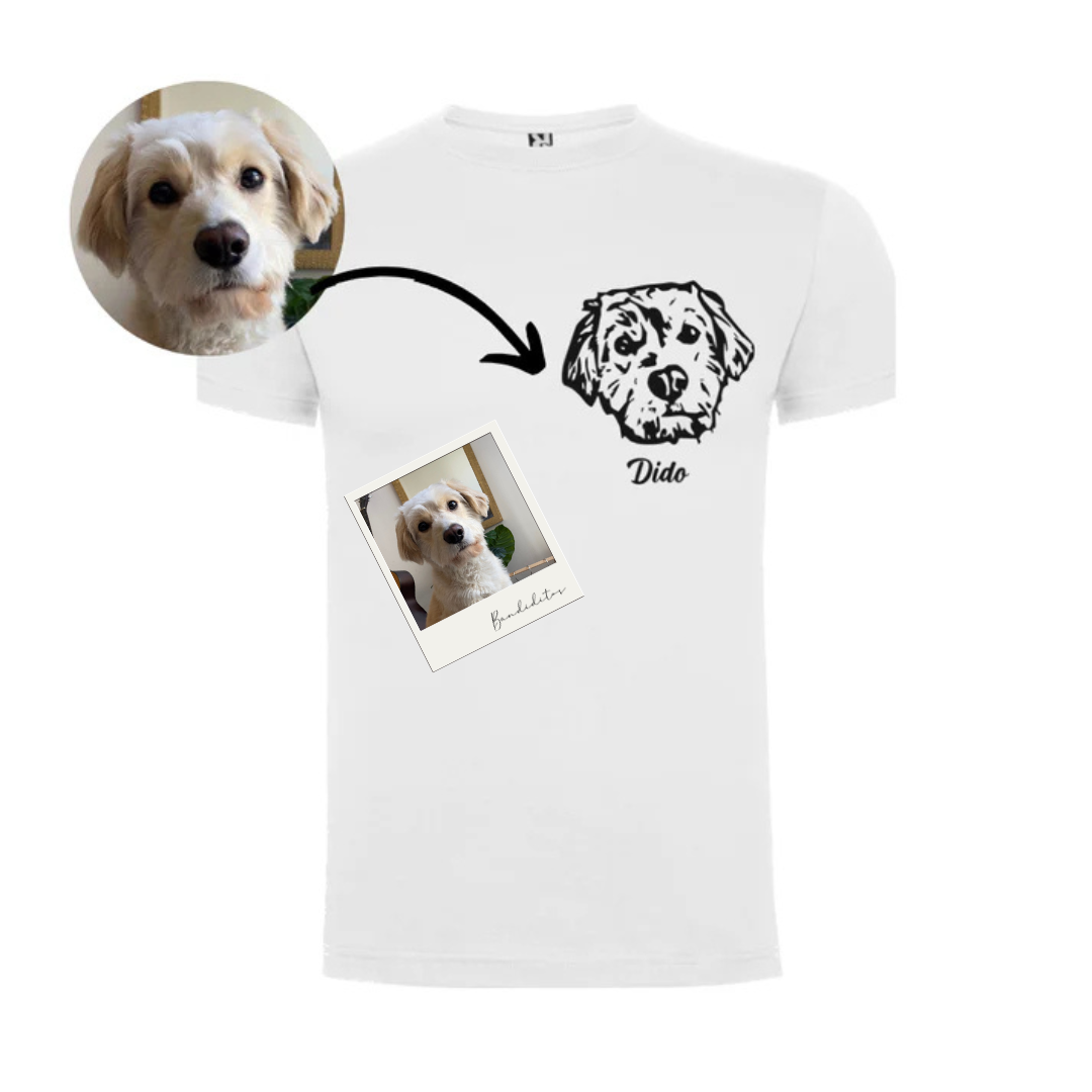 Polera con la cara de tu perro o gato + Foto impresa de REGALO + Envío GRATIS - Blanco (Unisex)