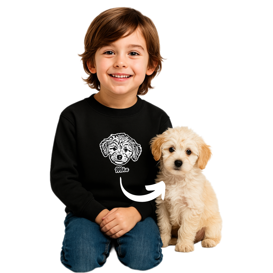 Polerón para niñ@ personalizado con la cara de su peludito 🐾+ Foto impresa de regalo